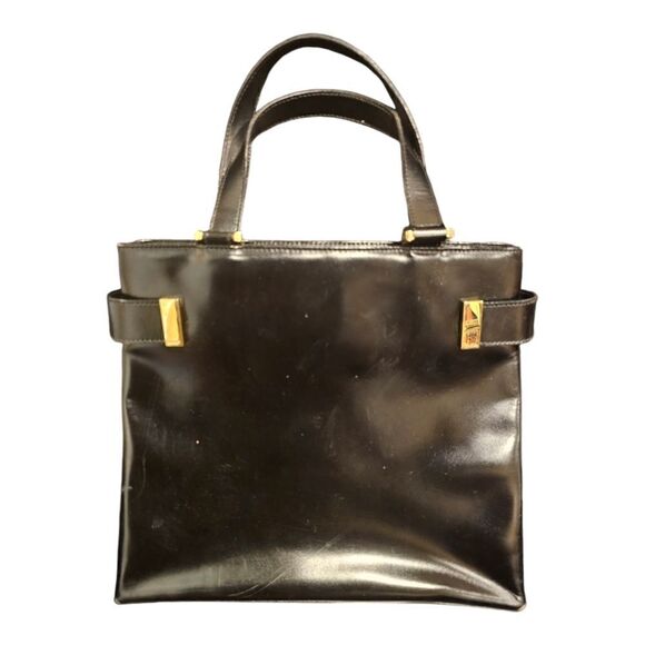 GUCCI Vintage Black Leather Gold Made In Italy Top Handle Handbag - Picture 1 of 10